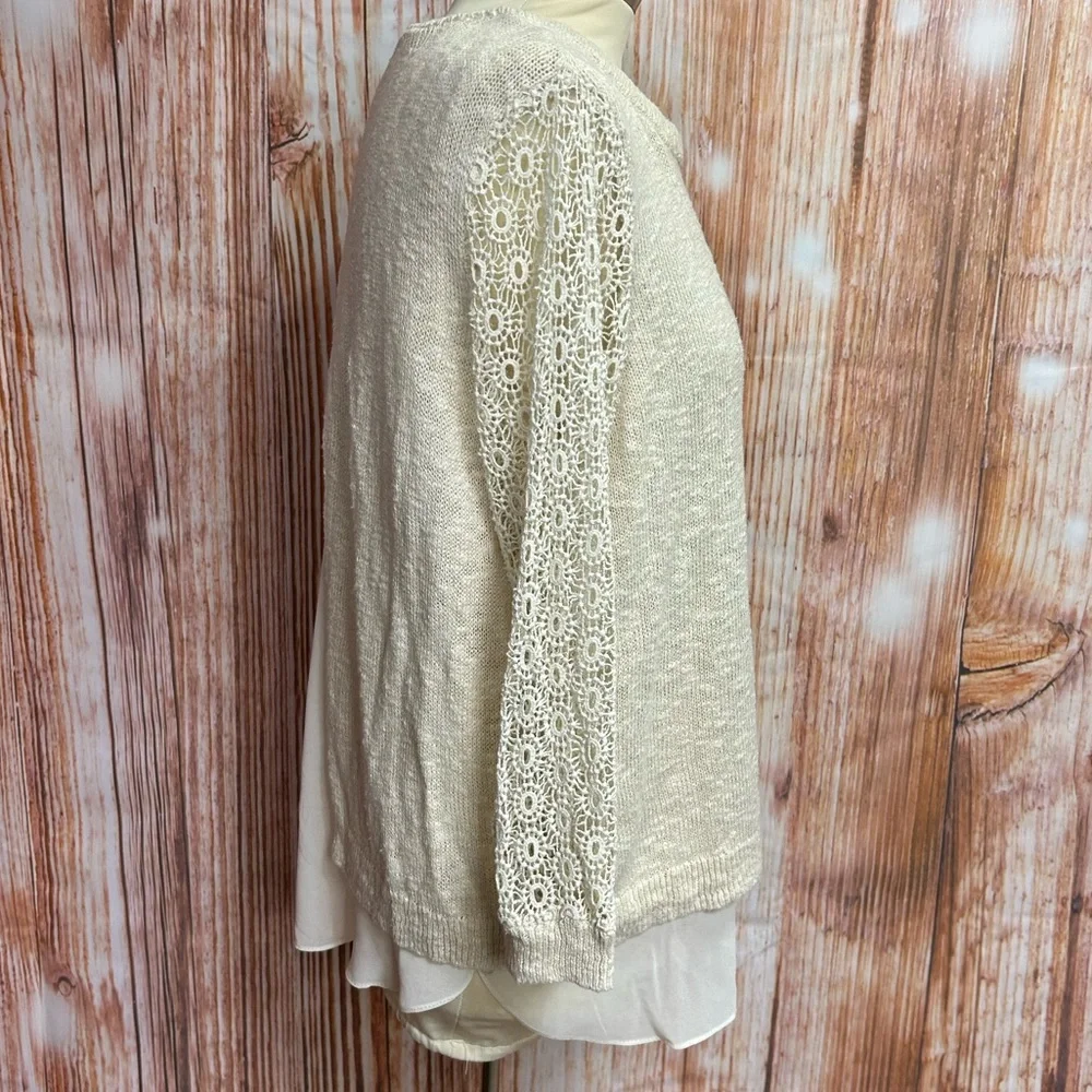 Lucky Brand Ivory Linen Blend Layered‎ Split Back Lace Sleeve Sweater